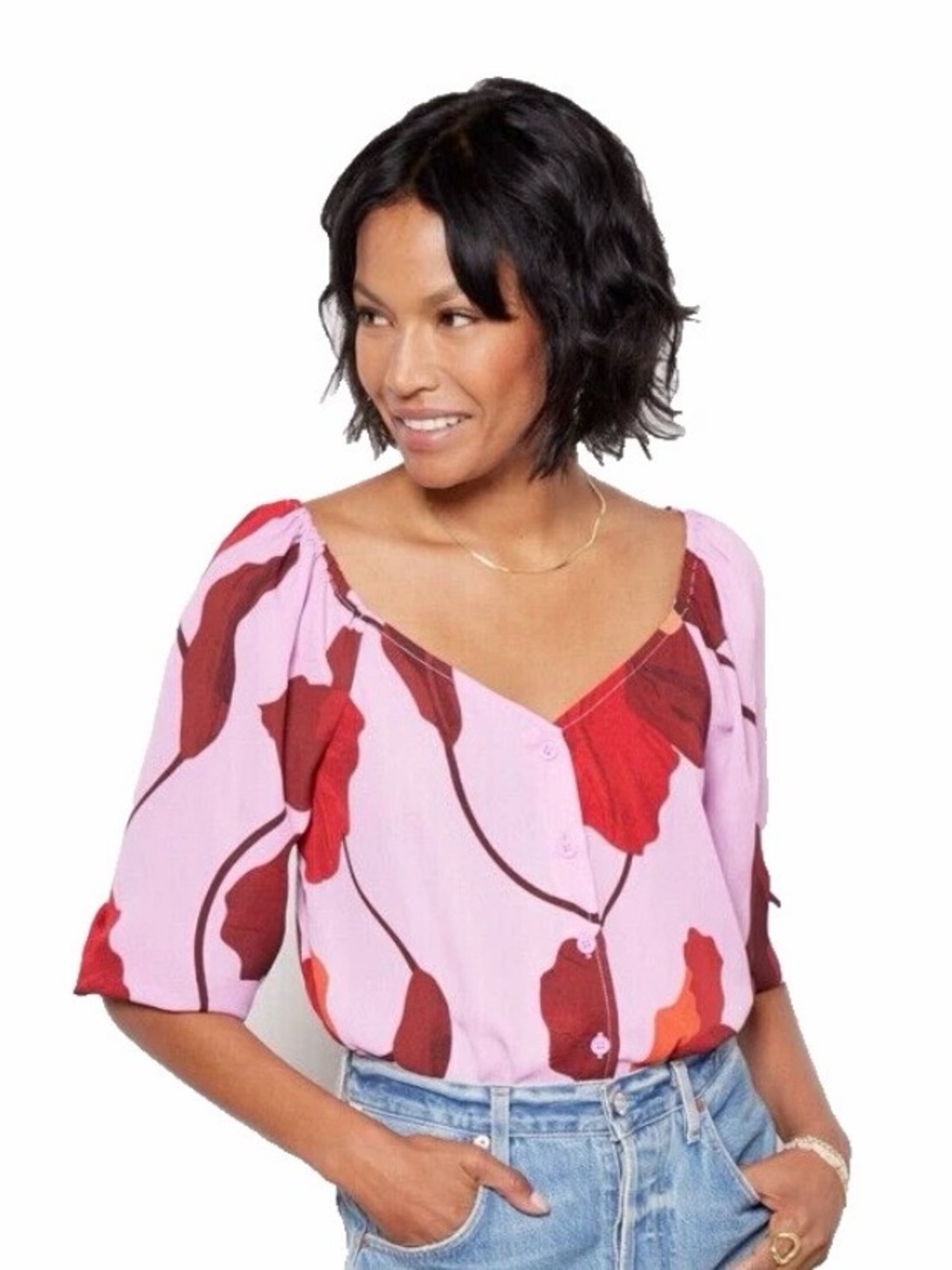 Sanctuary Pink Floral V-Neck Button Blouse Flowy Balloon Sleeves MED